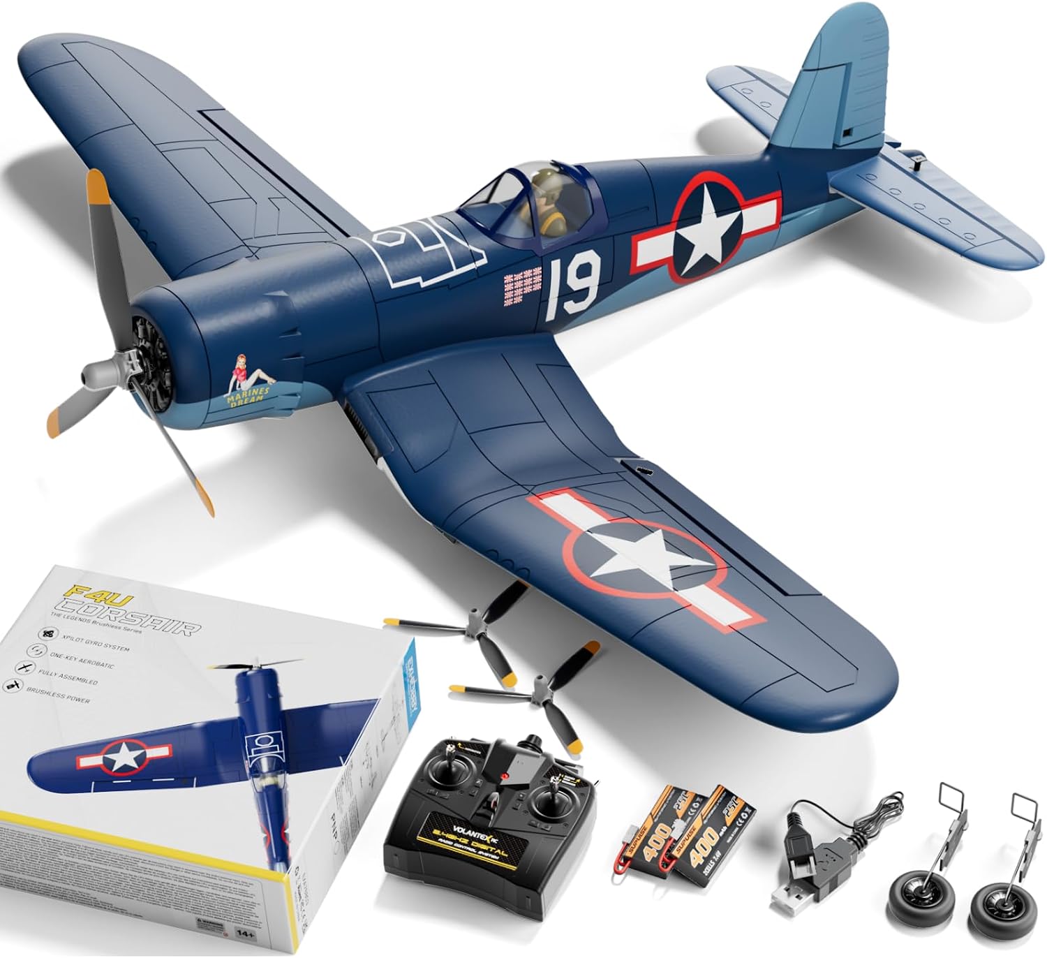 Leambe 500 mm brushless F4U Corsair RC plane with four-blade propeller, sprung landing gear and detailed cockpit