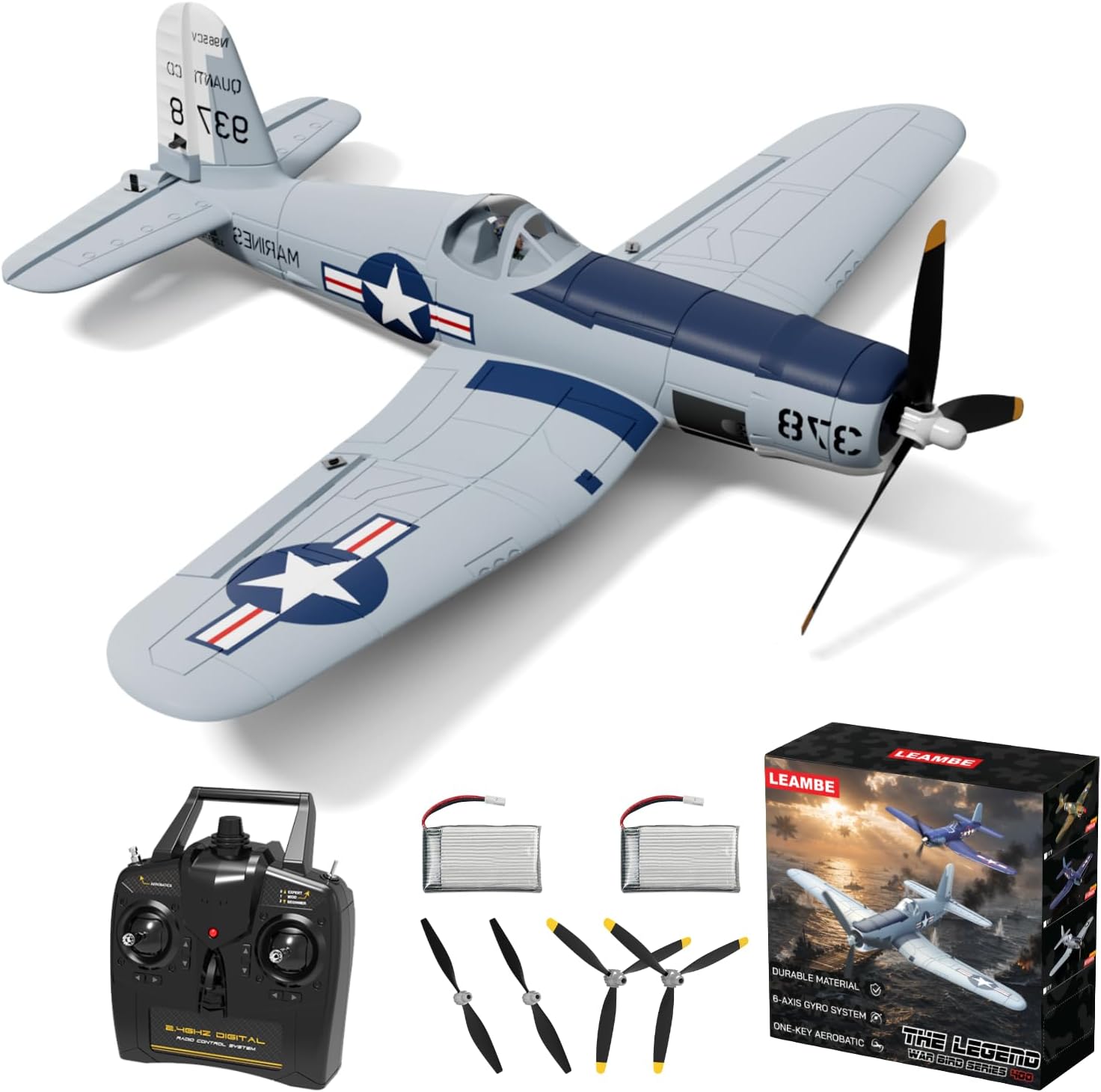 Leambe F4U Corsair 4-channel RC plane showing the inverted gull wing, with transmitter and battery