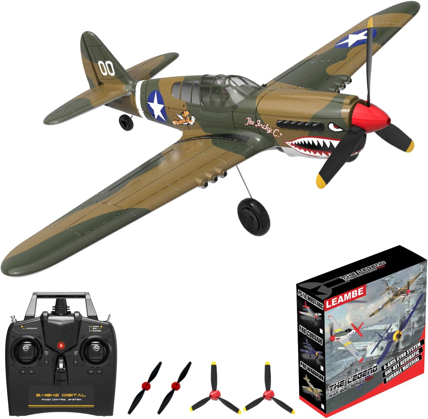 Leambe P-40 Warhawk 4-channel RC plane in EPP foam with shark-mouth nose art, transmitter and spare propellers