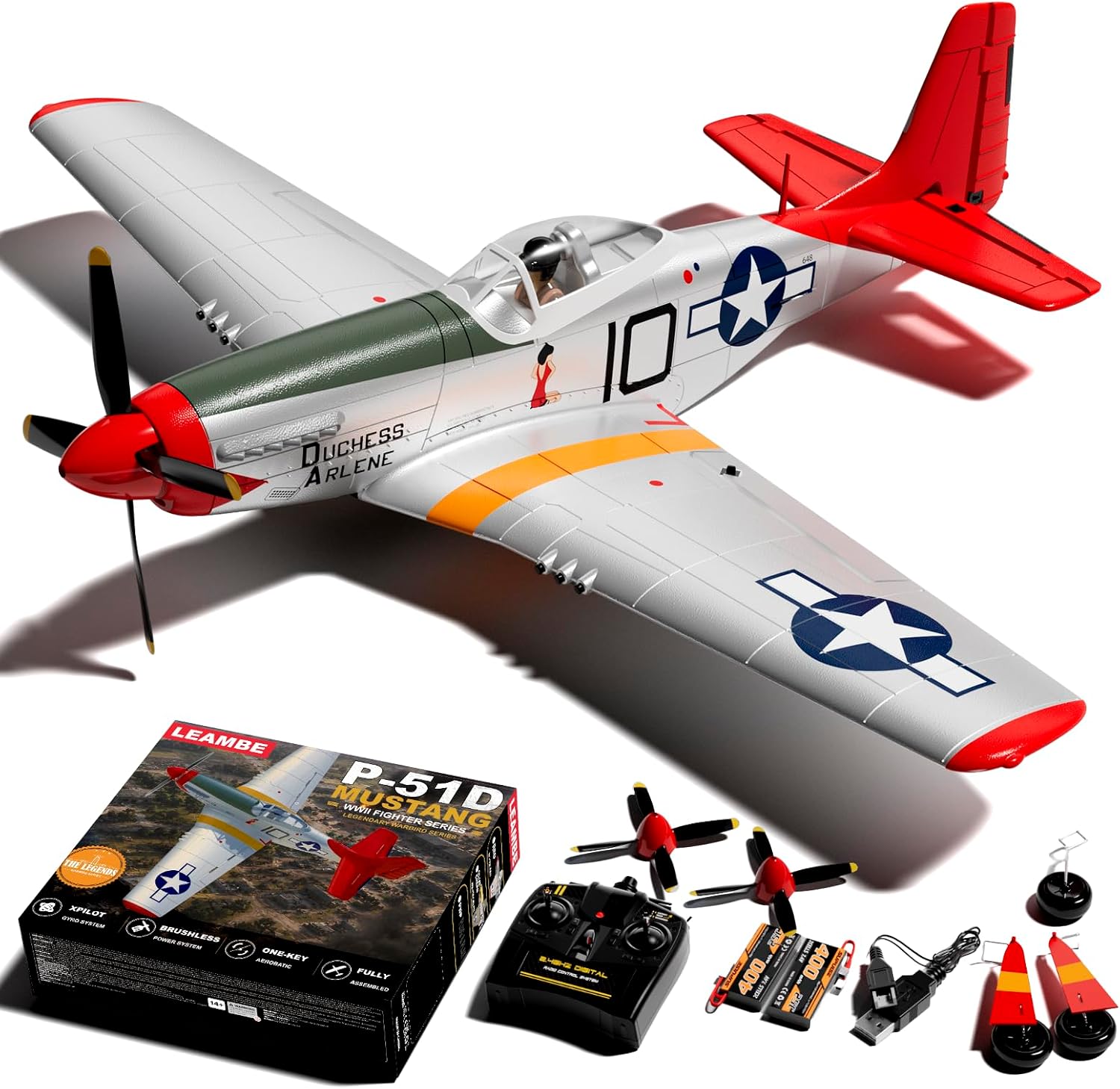 Leambe brushless P-51 Mustang 4-channel RC plane with transmitter, batteries and accessories laid out beside it