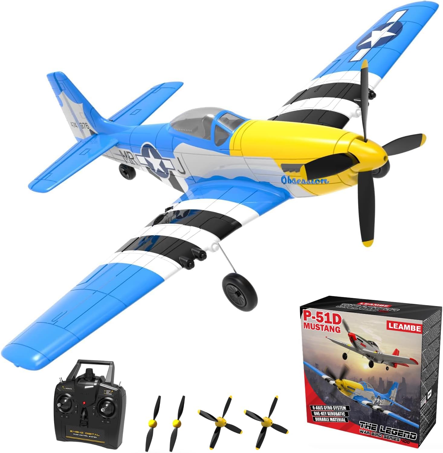 Leambe P-51 Mustang 4-channel RC plane in foam with its 2.4 GHz transmitter, flight battery and spare propellers